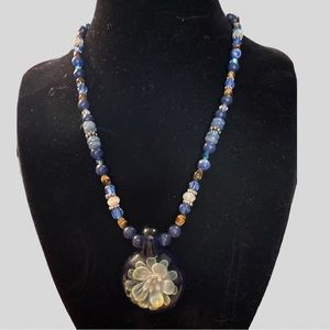 Glass Floral Pendent and Mixed Media Necklace in Shades of Blue & Silver tones.